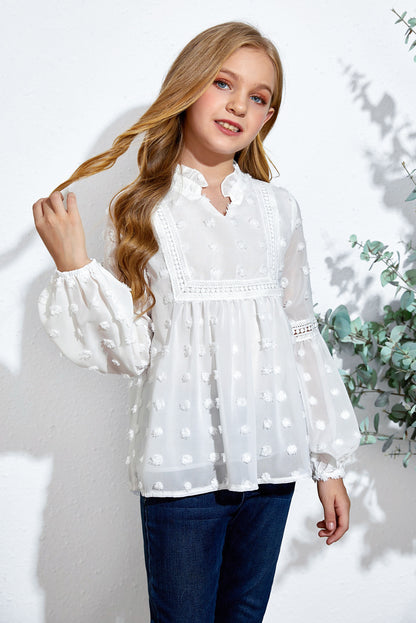 Girls Swiss Dot Spliced Lace Notched Blouse