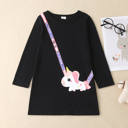 Unicorn Graphic Round Neck Long Sleeve Mini Dress