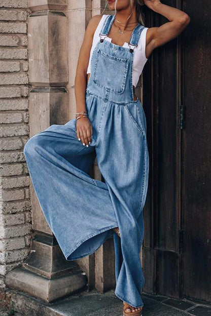 Distressed Wide Leg Denim Overalls