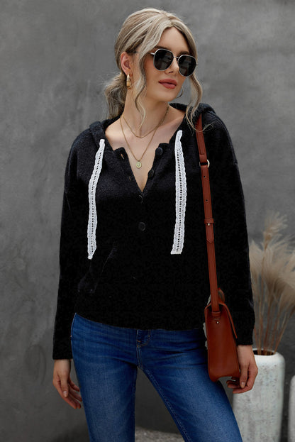 Woven Right Lace Trim Half-Button Drawstring Knit Hoodie