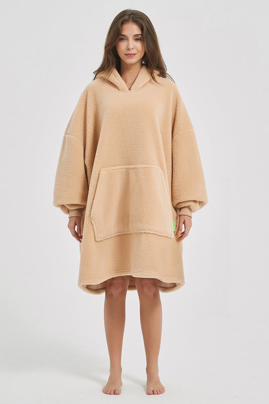 Lantern Sleeve Oversized Hooded Fuzzy Lounge Dress