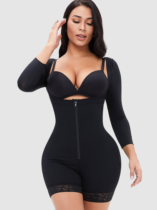 Full Size Zip Up Lace Detail Long Sleeve Shapewear