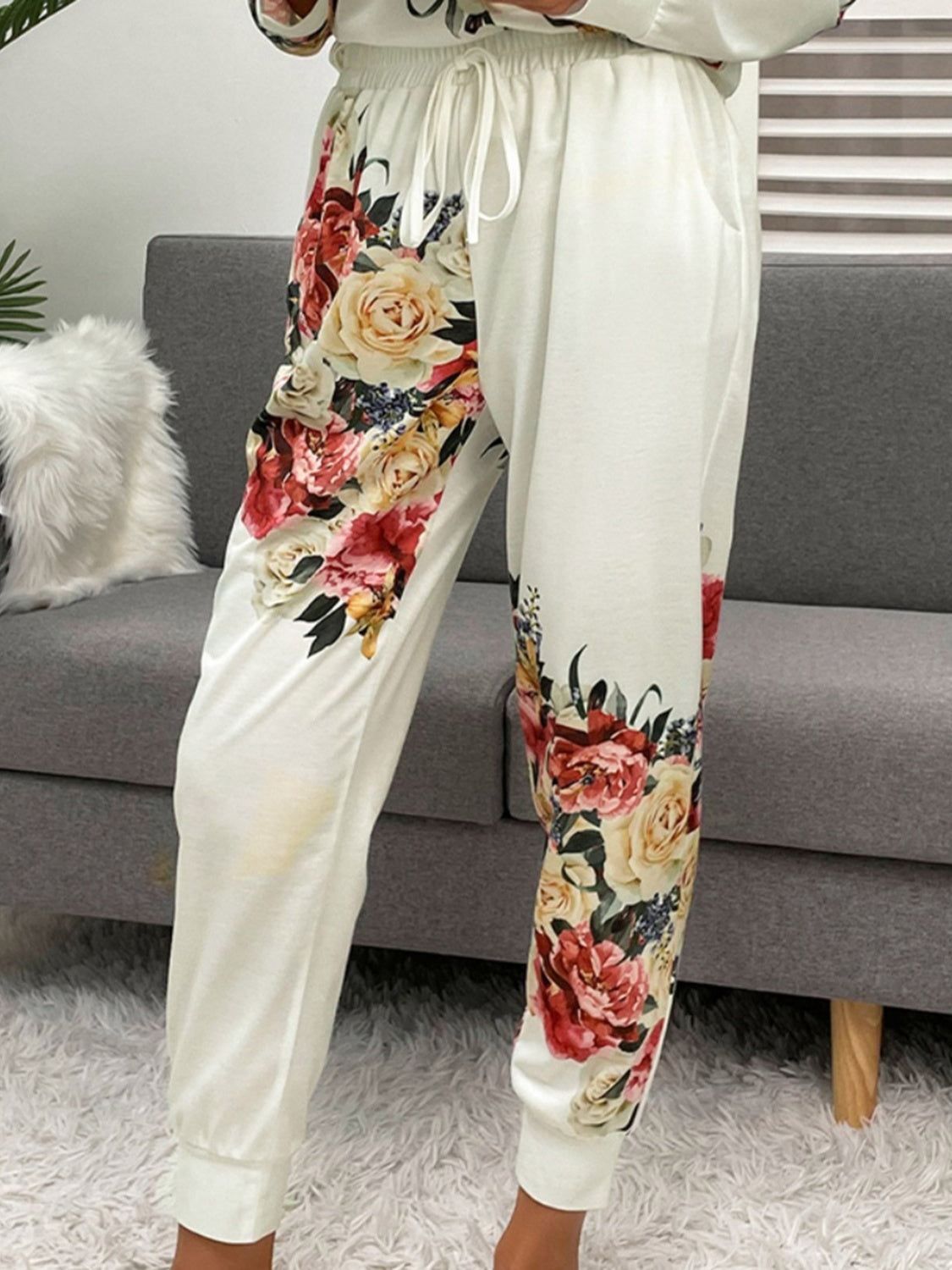 Printed Round Neck Top and Pants Lounge Set