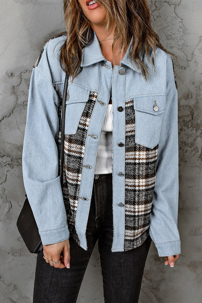 Plaid Pocketed Button Up Denim Jacket