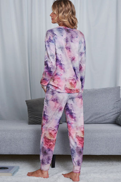 Tie-Dye Crewneck Top and Drawstring Waist Joggers Lounge Set