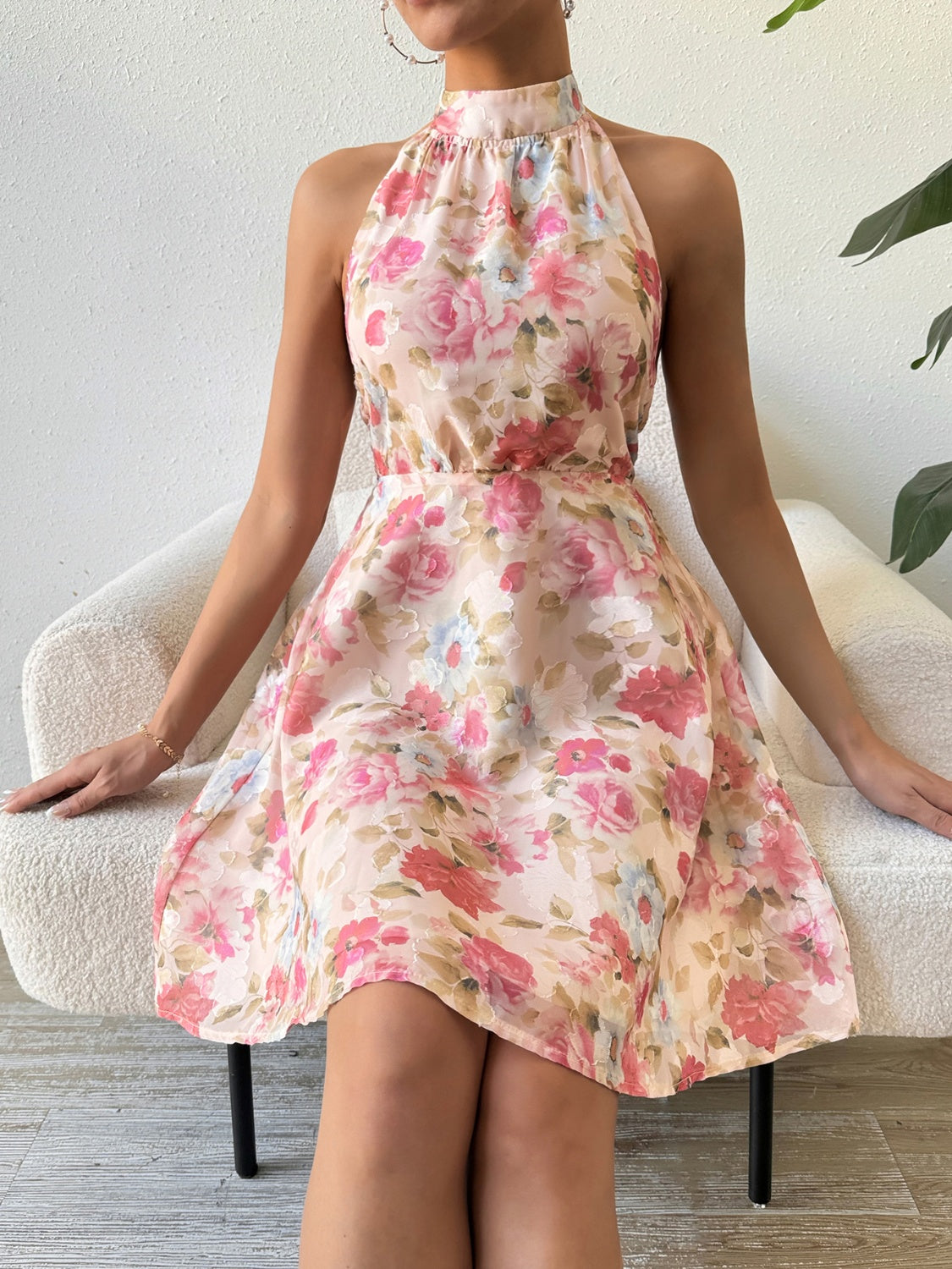 Smocked Printed Halter Neck Dress