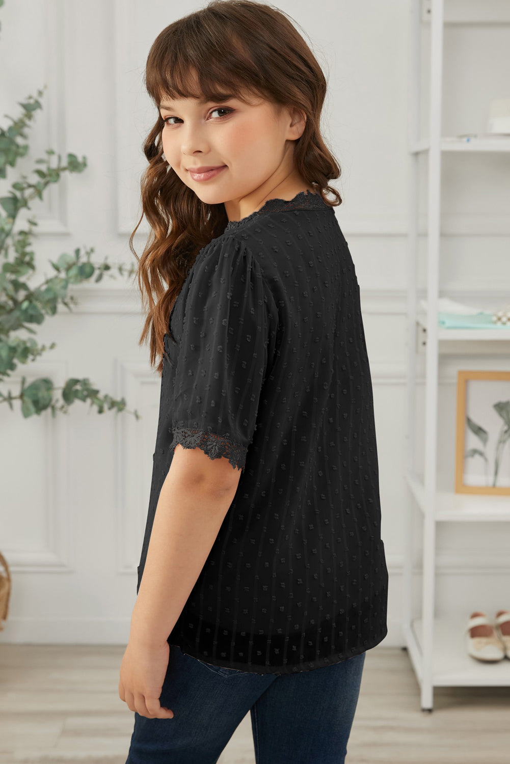 Girls Swiss Dot Spliced Lace Blouse