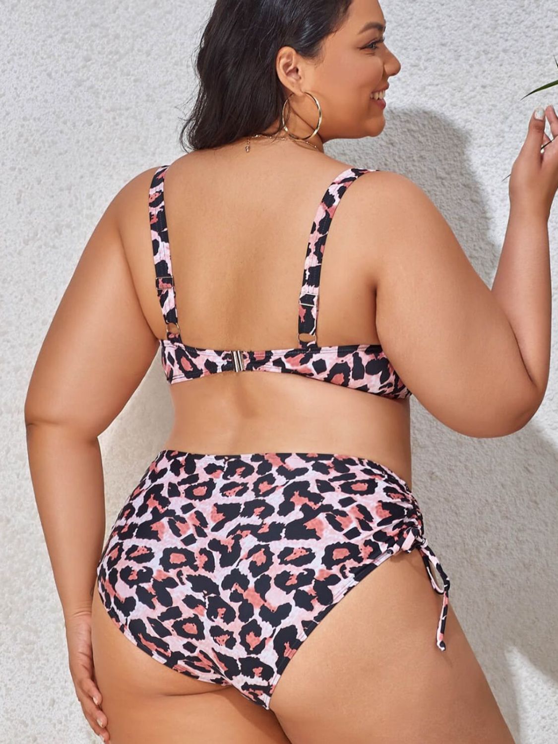 Plus Size Printed Drawstring Detail Bikini Set