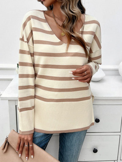 Striped V-Neck Long Sleeve Knit Top