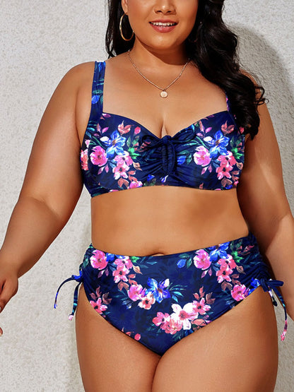 Plus Size Printed Drawstring Detail Bikini Set