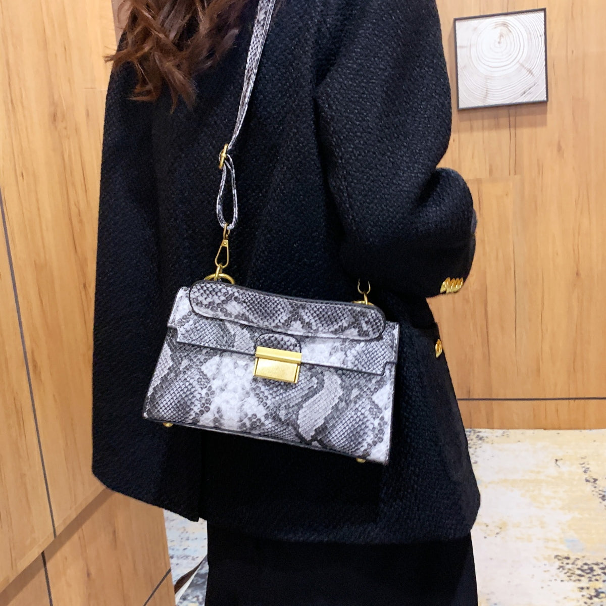 PU Leather Snakeskin Print Crossbody Bag