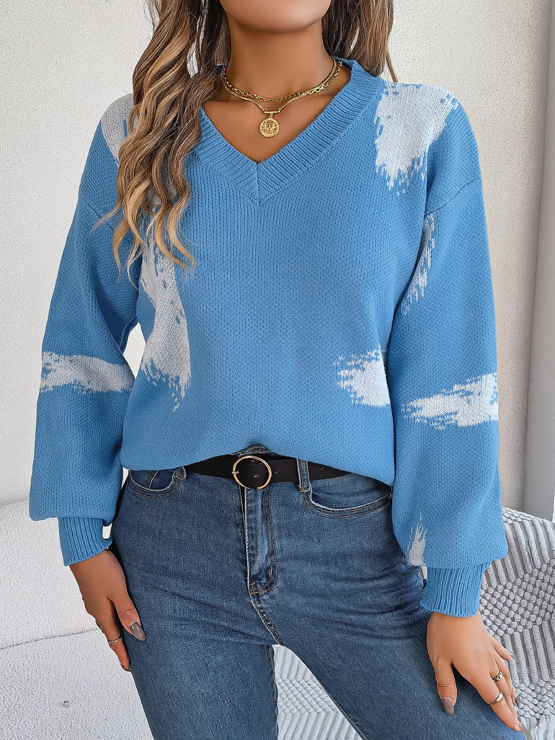 Contrast V-Neck Long Sleeve Sweater