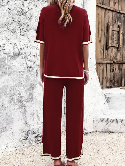 Contrast Trim Round Neck Top and Pants Set