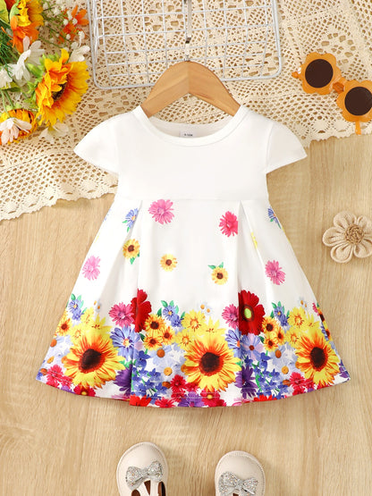 Flower Round Neck Short Sleeve Dress