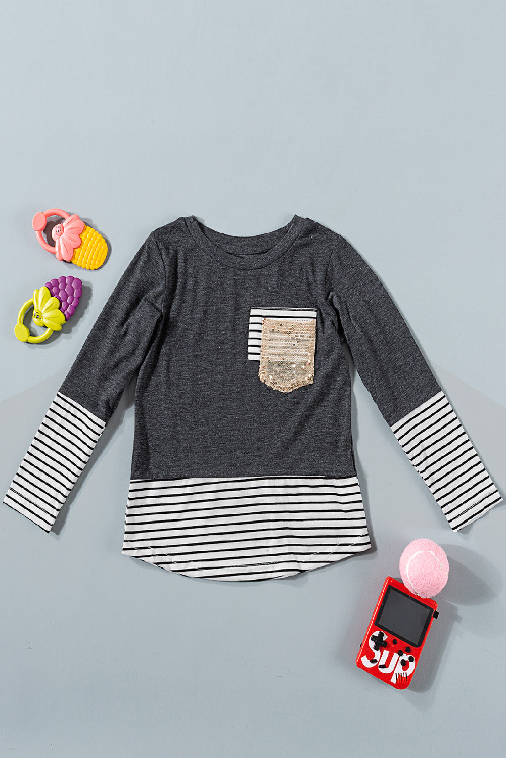 Girls Striped Color Block Sequin Pocket Top