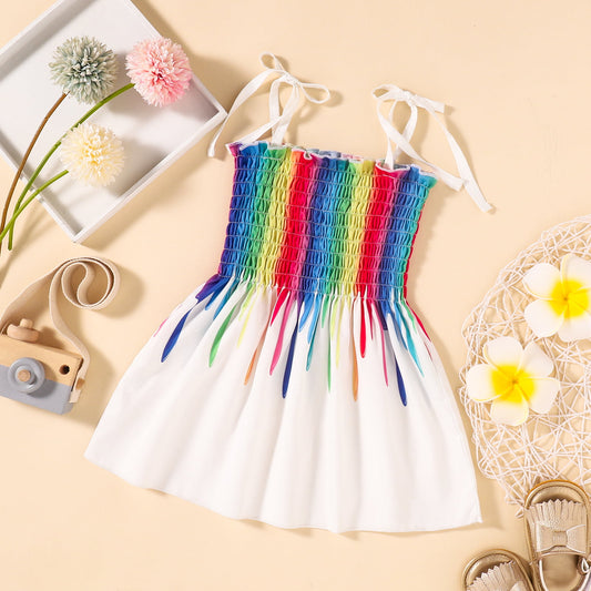 Rainbow Color Tie Shoulder Smocked Dress