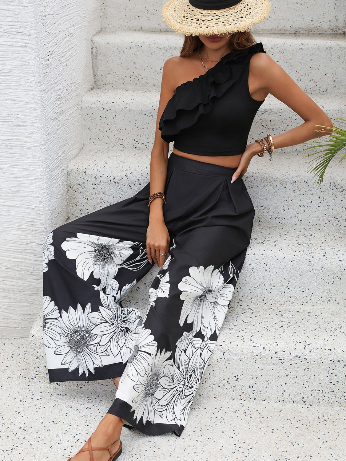 Ruffled Single Shoulder Top and Printed Pants Set