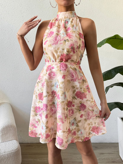 Smocked Printed Halter Neck Dress